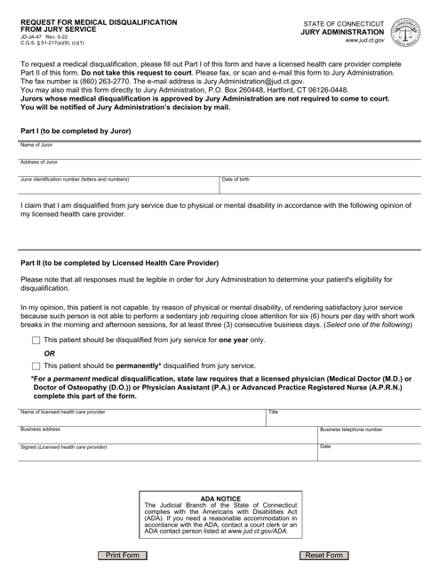 Form JD-JA-47 Request for Medical Disqualification From Jury Service - Connecticut