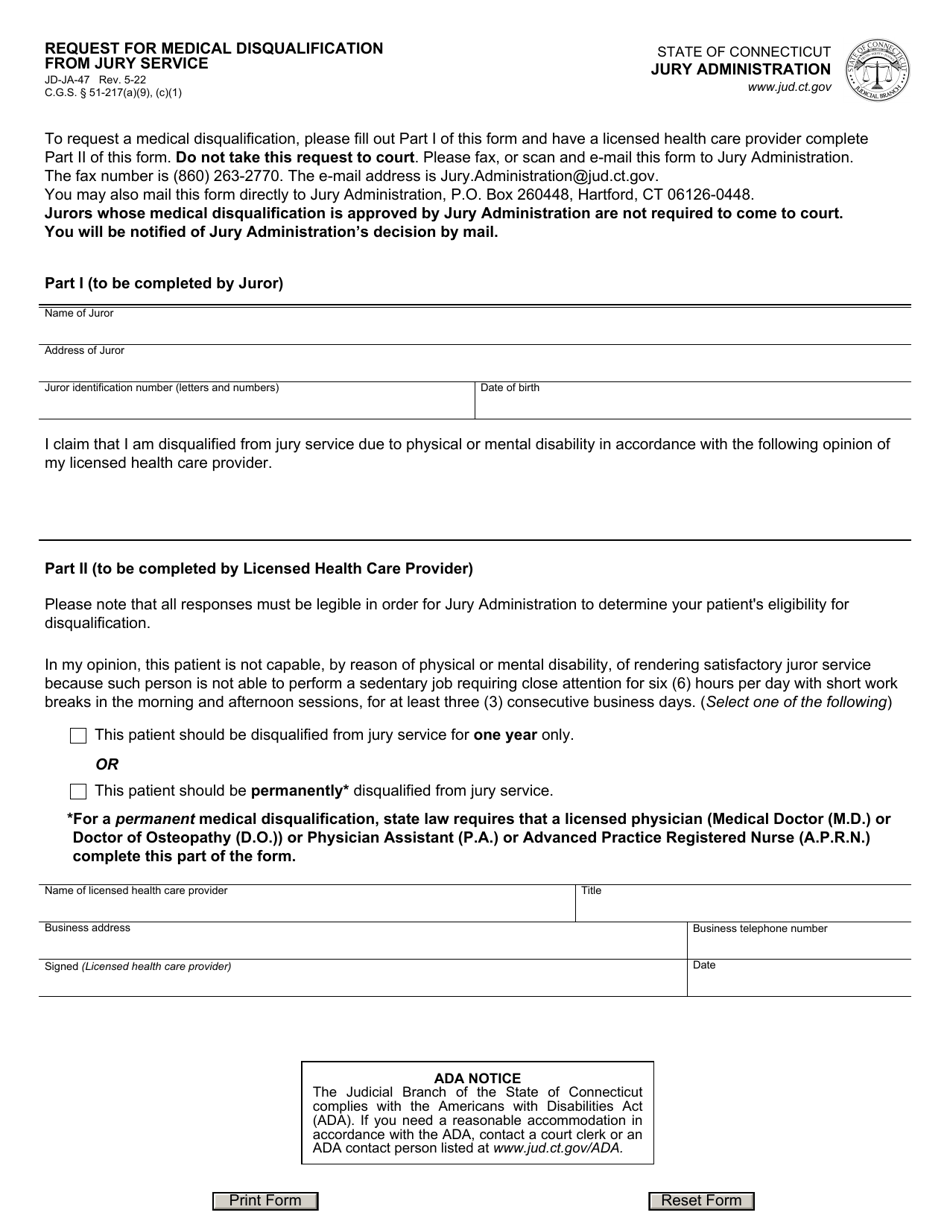 Form JD-JA-47 Request for Medical Disqualification From Jury Service - Connecticut, Page 1