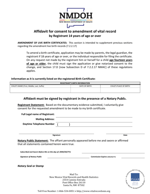 Affidavit for Consent to Amendment of Vital Record by Registrant 14 Years of Age or Over - New Mexico Download Pdf