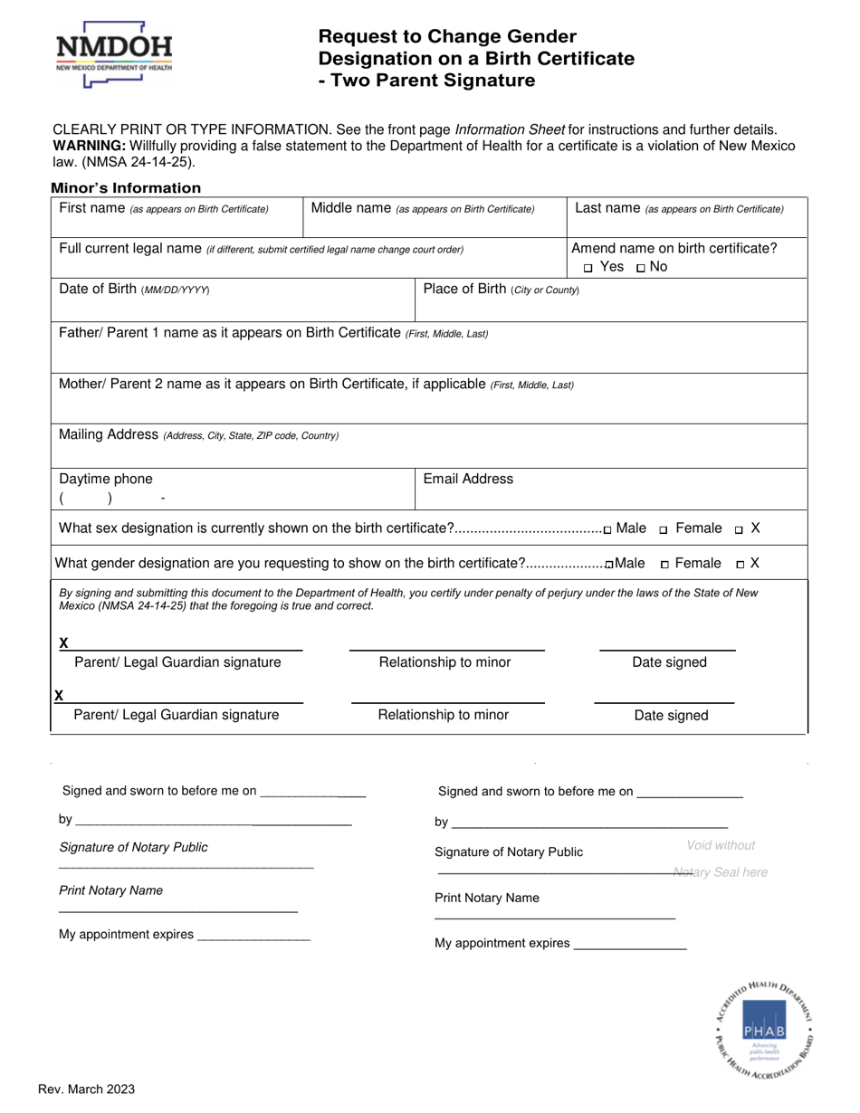 Request to Change Gender Designation on a Birth Certificate - Two Parent Signature - New Mexico, Page 2