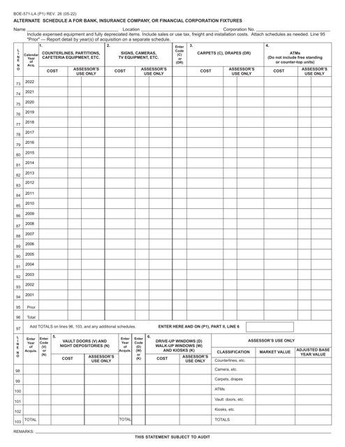Form BOE-571-LA Schedule A Alternate Schedule for Bank, Insurance Company, or Financial Corporation Fixtures - California