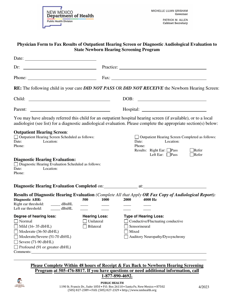 Physician Form to Fax Results of Outpatient Hearing Screen or Diagnostic Audiological Evaluation to State Newborn Hearing Screening Program - New Mexico, Page 1