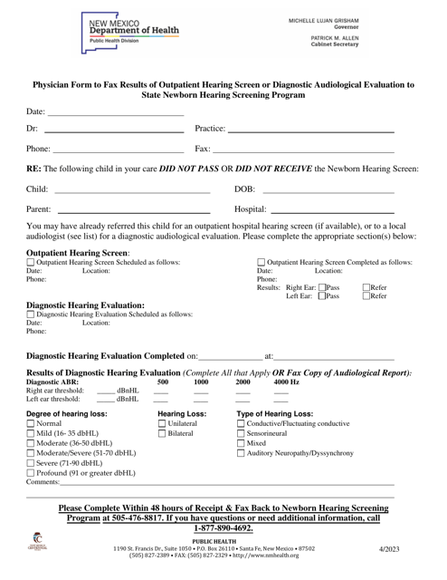 Physician Form to Fax Results of Outpatient Hearing Screen or Diagnostic Audiological Evaluation to State Newborn Hearing Screening Program - New Mexico