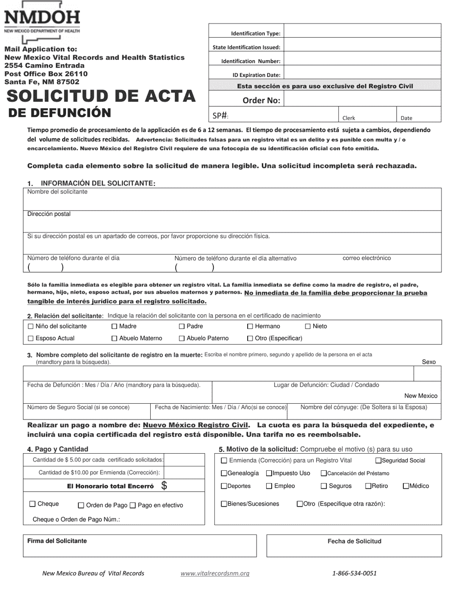 Solicitud De Acta De Defuncion - New Mexico (Spanish), Page 1