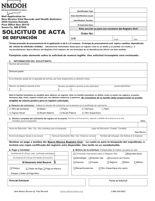 Solicitud De Acta De Defuncion - New Mexico (Spanish) Download Pdf
