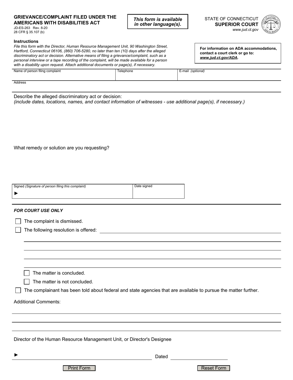 Form JD-ES-263 Grievance / Complaint Filed Under the Americans With Disabilities Act - Connecticut, Page 1