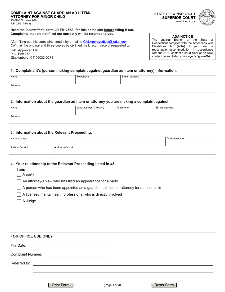 Form JD-FM-276 Complaint Against Guardian Ad Litem / Attorney for Minor Child - Connecticut, Page 1
