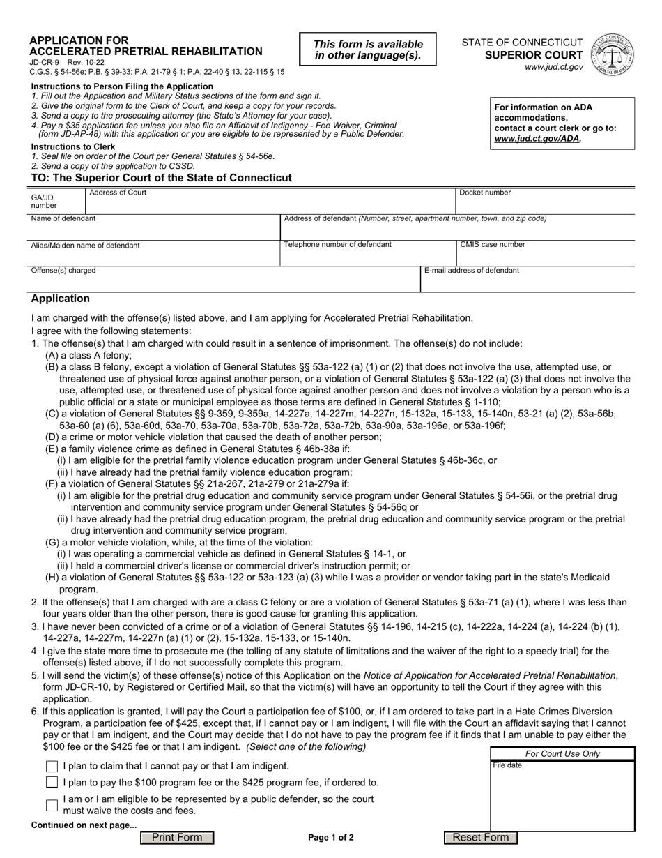 Form JD-CR-9 Application for Accelerated Pretrial Rehabilitation - Connecticut, Page 1