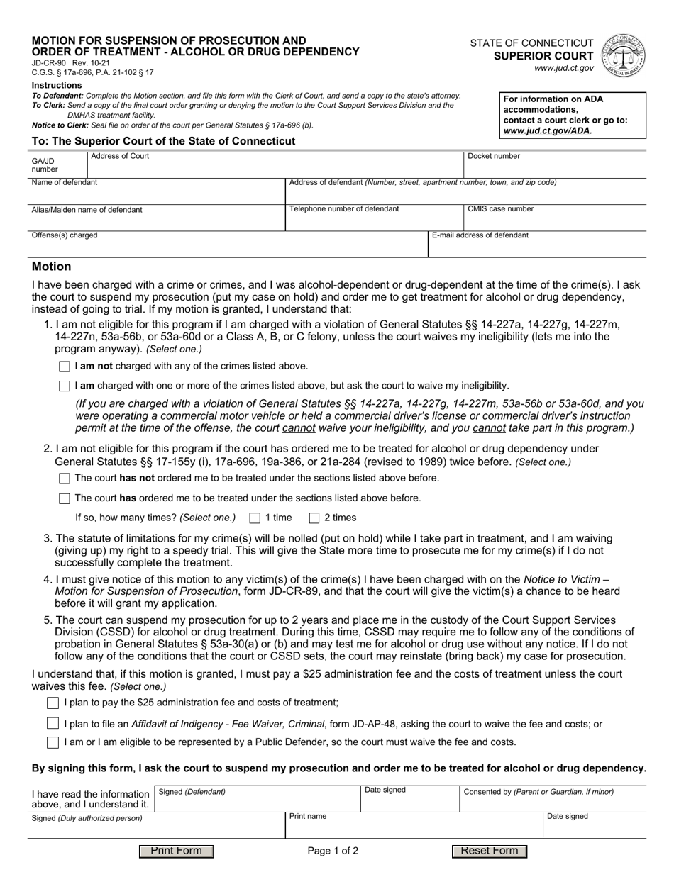 Form JD-CR-90 Motion for Suspension of Prosecution and Order of Treatment - Alcohol or Drug Dependency - Connecticut, Page 1