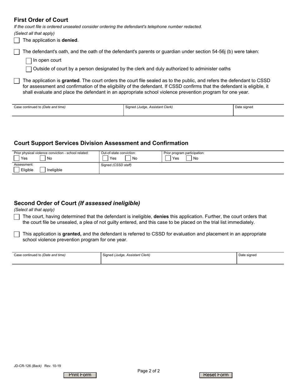 Form JD-CR-126 Pretrial School Violence Prevention Program Application, Order, Disposition - Connecticut, Page 2