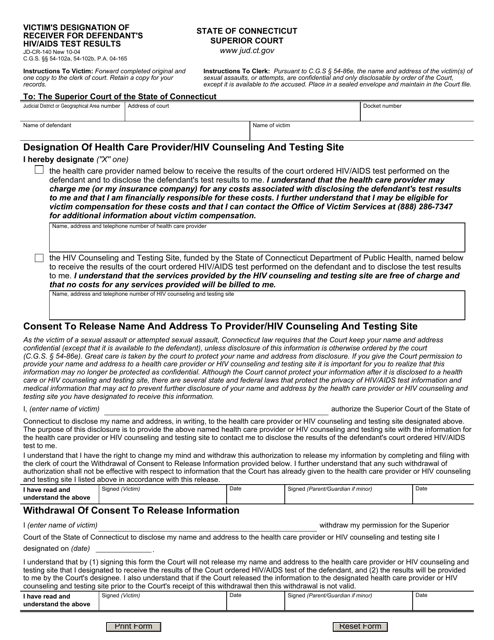 Form JD-CR-140 Victim's Designation of Receiver for Defendant's HIV/AIDS Test Results - Connecticut