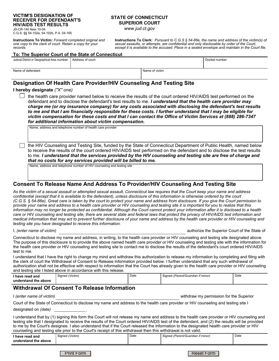 Form JD-CR-140 Victims Designation of Receiver for Defendants HIV / AIDS Test Results - Connecticut, Page 1