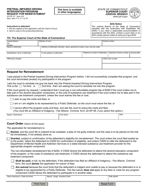 Form JD-CR-191 Pretrial Impaired Driving Intervention Program Request for Reinstatement - Connecticut