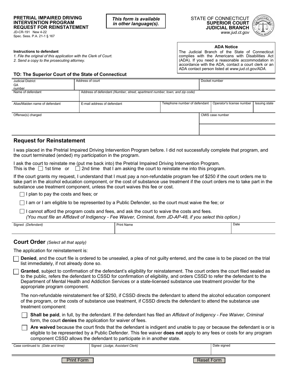 Form JD-CR-191 Pretrial Impaired Driving Intervention Program Request for Reinstatement - Connecticut, Page 1