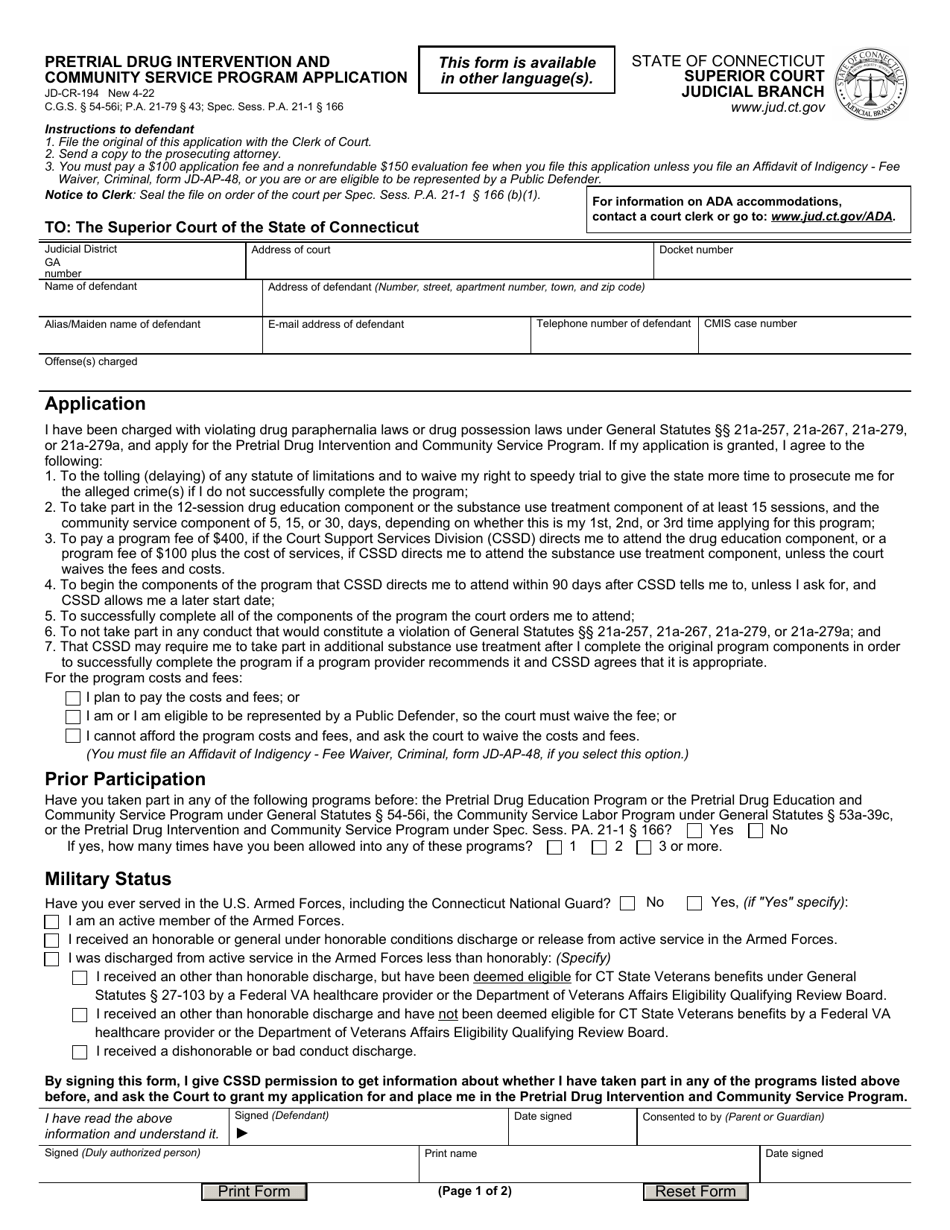 Form JD-CR-194 Pretrial Drug Intervention and Community Service Program Application - Connecticut, Page 1