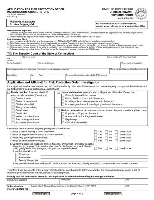 Form JD-CR-198 Application for Risk Protection Order Investigation, Order, Return - Connecticut