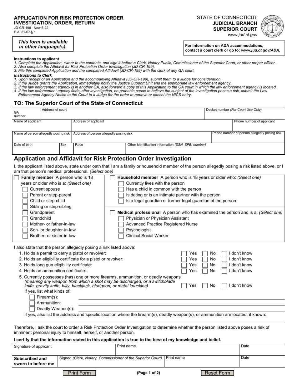 Form JD-CR-198 Application for Risk Protection Order Investigation, Order, Return - Connecticut, Page 1