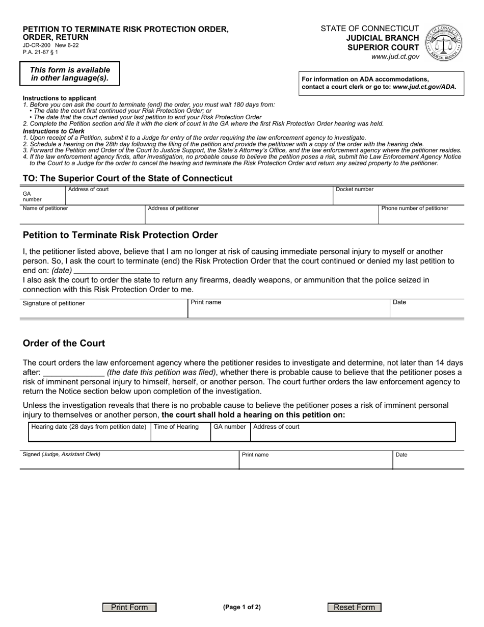 Form JD-CR-200 Petition to Terminate Risk Protection Order, Order, Return - Connecticut, Page 1