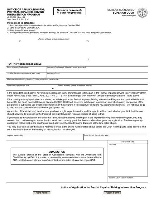 Form JD-CR-193 Notice of Application for Pretrial Impaired Driving Intervention Program - Connecticut (English/Spanish)
