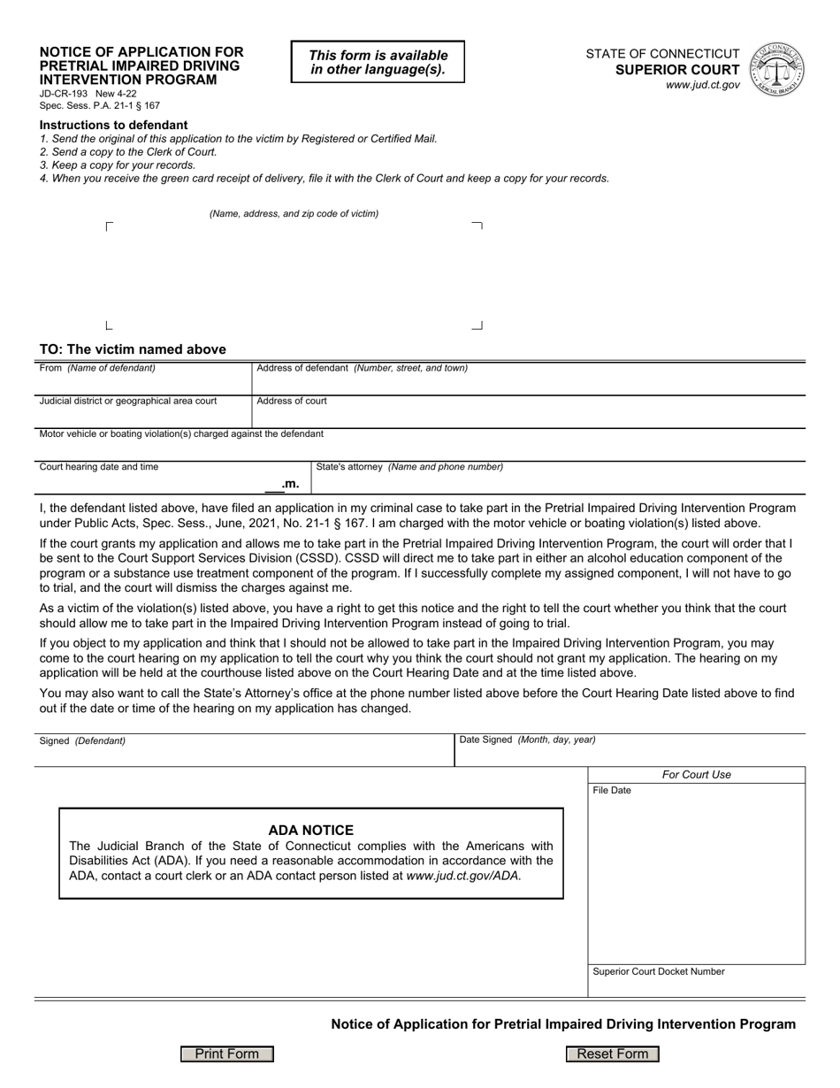 Form JD-CR-193 Notice of Application for Pretrial Impaired Driving Intervention Program - Connecticut (English / Spanish), Page 1