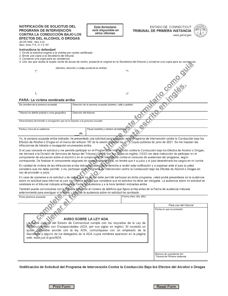 Form JD-CR-193 Notice of Application for Pretrial Impaired Driving Intervention Program - Connecticut (English / Spanish), Page 2