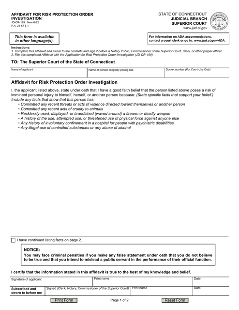 Form JD-CR-199 Affidavit for Risk Protection Order Investigation - Connecticut