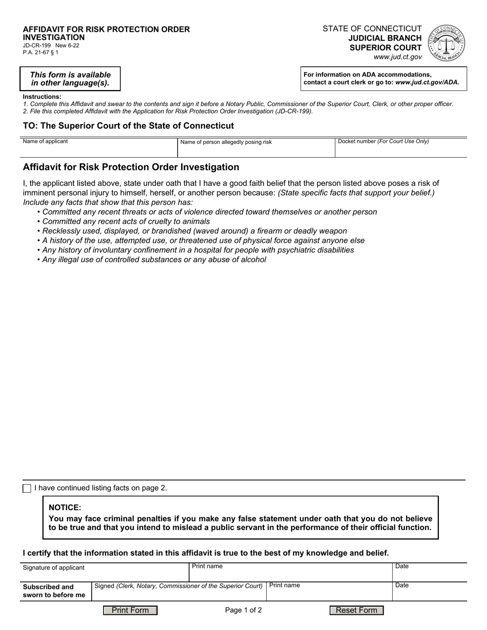 Form JD-CR-199 Affidavit for Risk Protection Order Investigation - Connecticut, Page 1