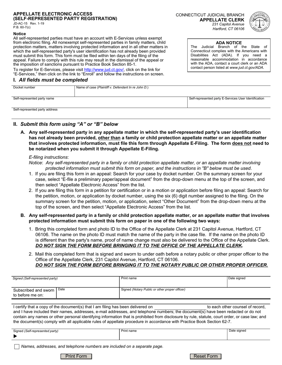 Form JD-AC-15 Appellate Electronic Access (Self-represented Party Registration) - Connecticut, Page 1