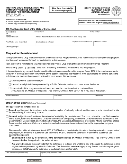 Form JD-CR-196 Pretrial Drug Intervention and Community Service Program Request for Reinstatement - Connecticut