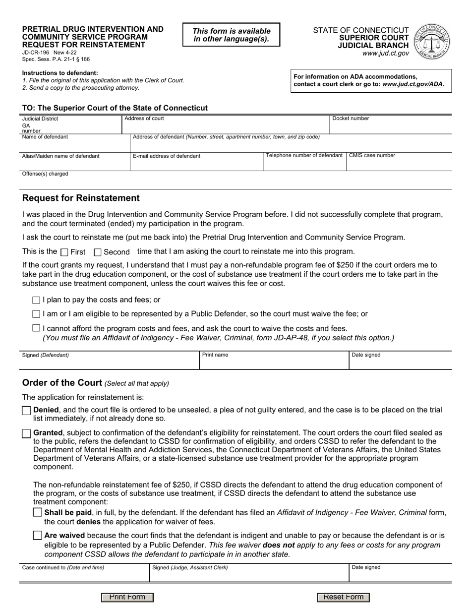 Form JD-CR-196 Pretrial Drug Intervention and Community Service Program Request for Reinstatement - Connecticut, Page 1