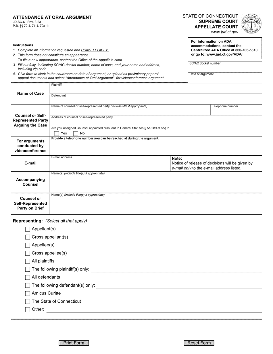 Form Jd Sc 6 Download Fillable Pdf Or Fill Online Attendance At Oral Argument Connecticut 6976