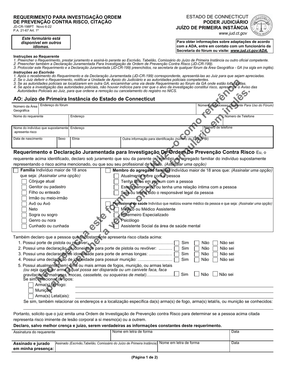 Form JD-CR-198PT Application for Risk Protection Order Investigation, Order, Return - Connecticut (Portuguese), Page 1