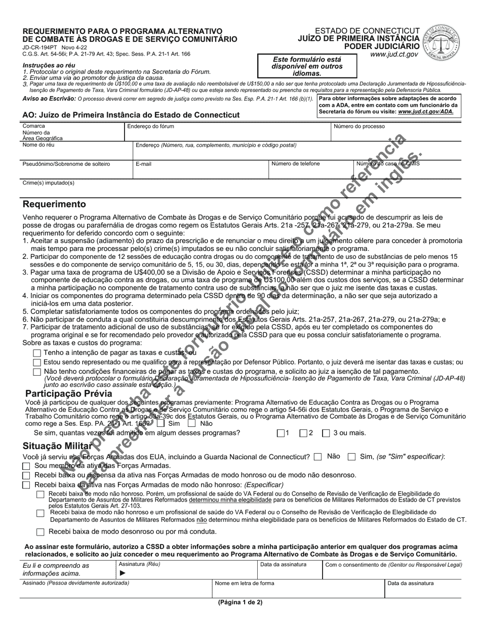 Form JD-CR-194PT Pretrial Drug Education and Community Service Program Application - Connecticut (Portuguese), Page 1