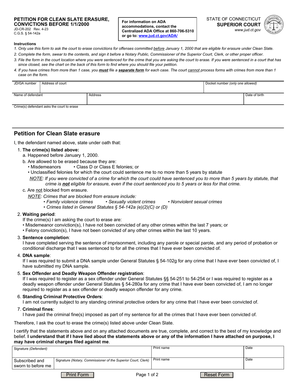 Form JD-CR-202 Petition for Clean Slate Erasure, Convictions Before 1 / 1 / 2000 - Connecticut, Page 1