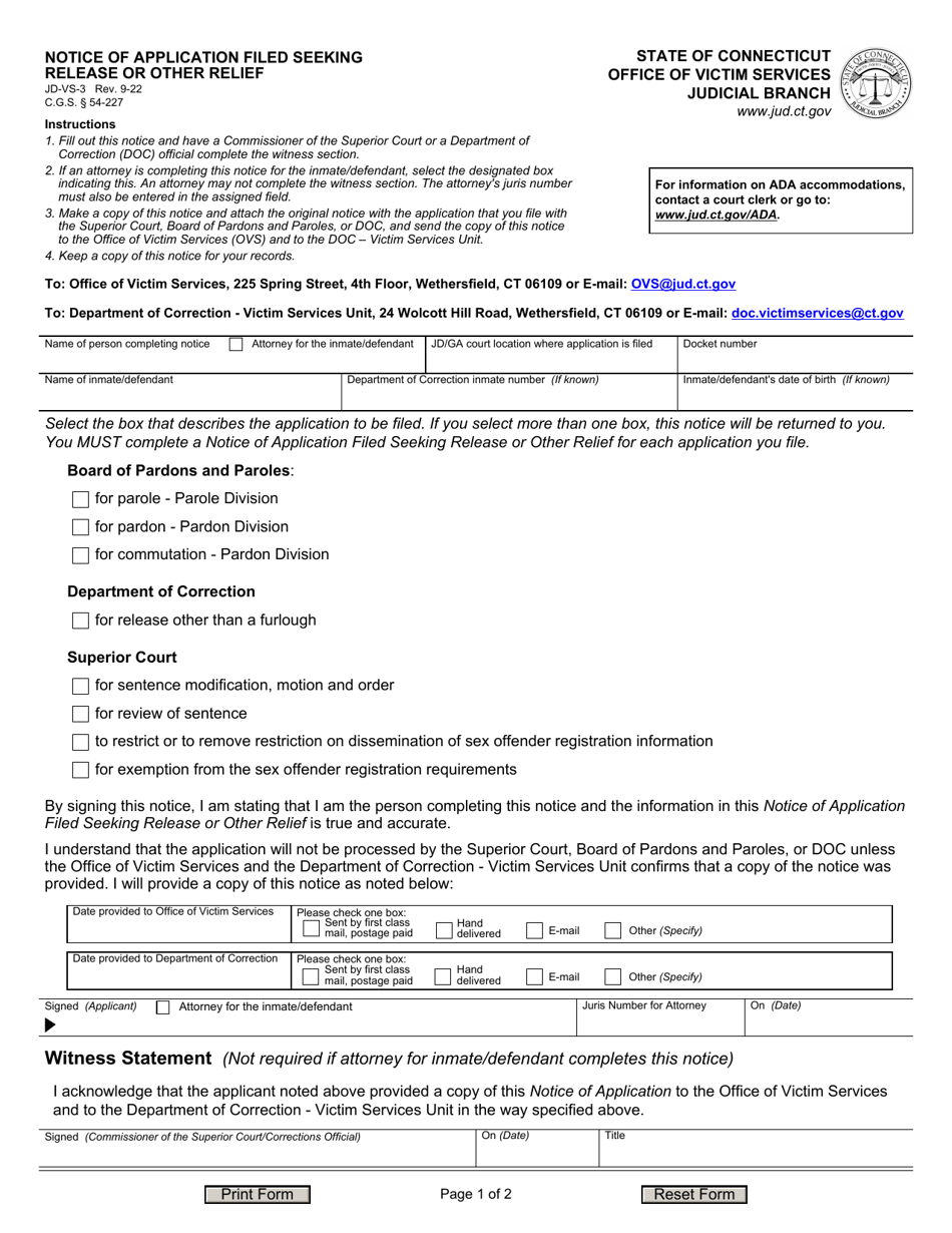 Form JD-VS-3 Notice of Application Filed Seeking Release or Other Relief - Connecticut, Page 1