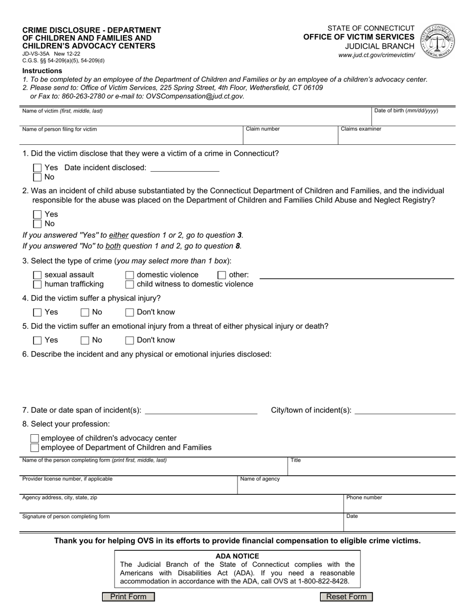 Form JD-VS-35A Crime Disclosure - Department of Children and Families and Childrens Advocacy Centers - Connecticut, Page 1