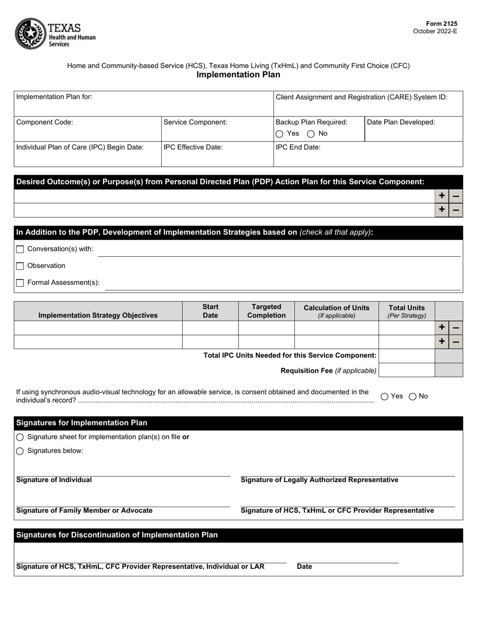Form 2125 Home and Community-Based Service (Hcs), Texas Home Living (Txhml) and Community First Choice (Cfc) Implementation Plan - Texas, Page 1