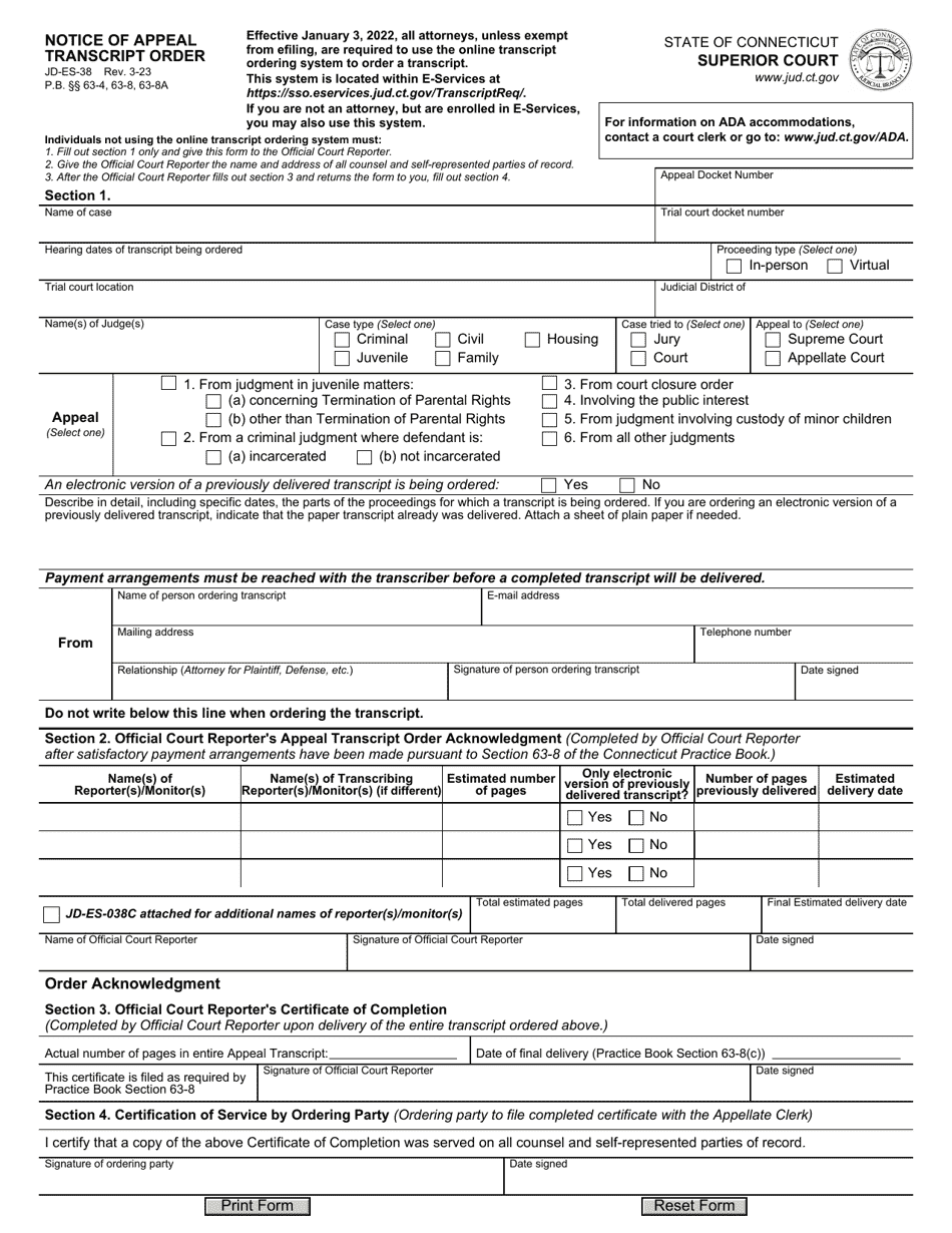 Form JD-ES-38 Notice of Appeal Transcript Order - Connecticut, Page 1