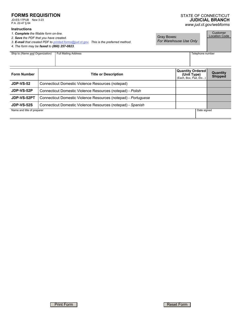 Form JD-ES-17PUB Forms Requisition - Connecticut, Page 1