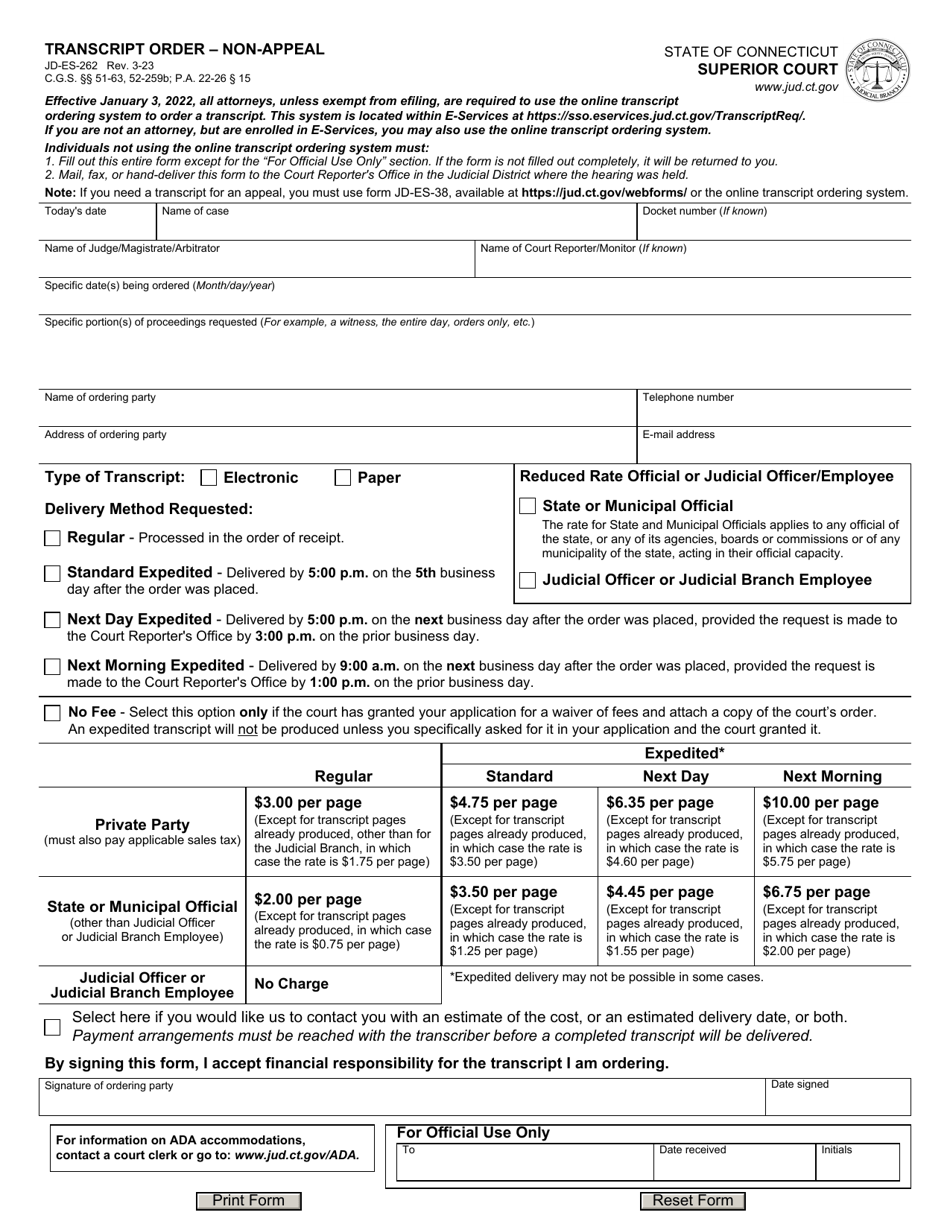 Form JD-ES-262 Download Fillable PDF Or Fill Online Transcript Order ...