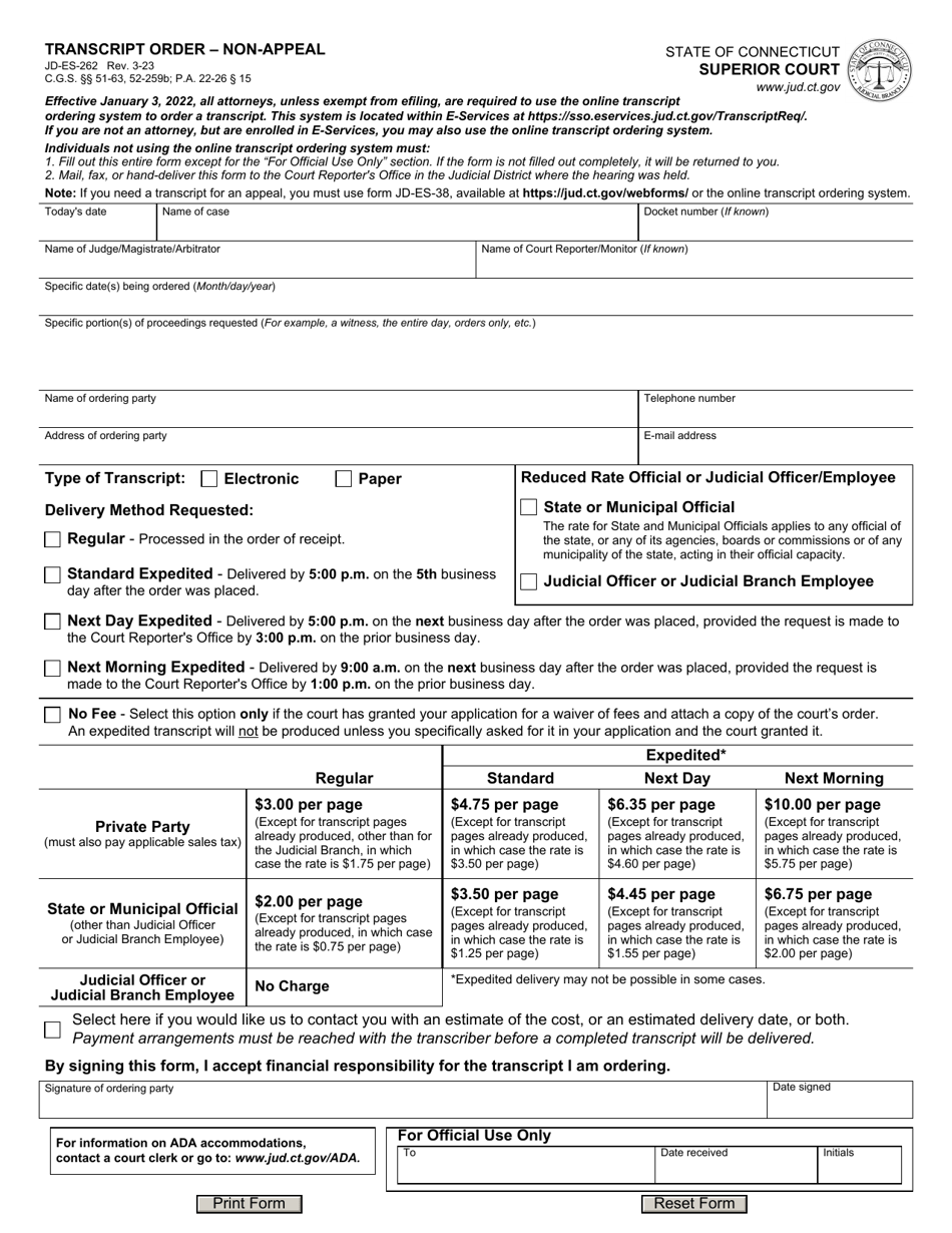Form JD-ES-262 Transcript Order - Non-appeal - Connecticut, Page 1