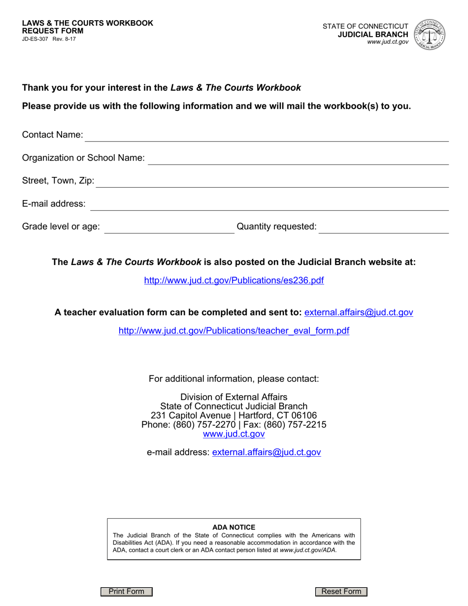 Form JD-ES-307 Laws  the Courts Workbook Request Form - Connecticut, Page 1