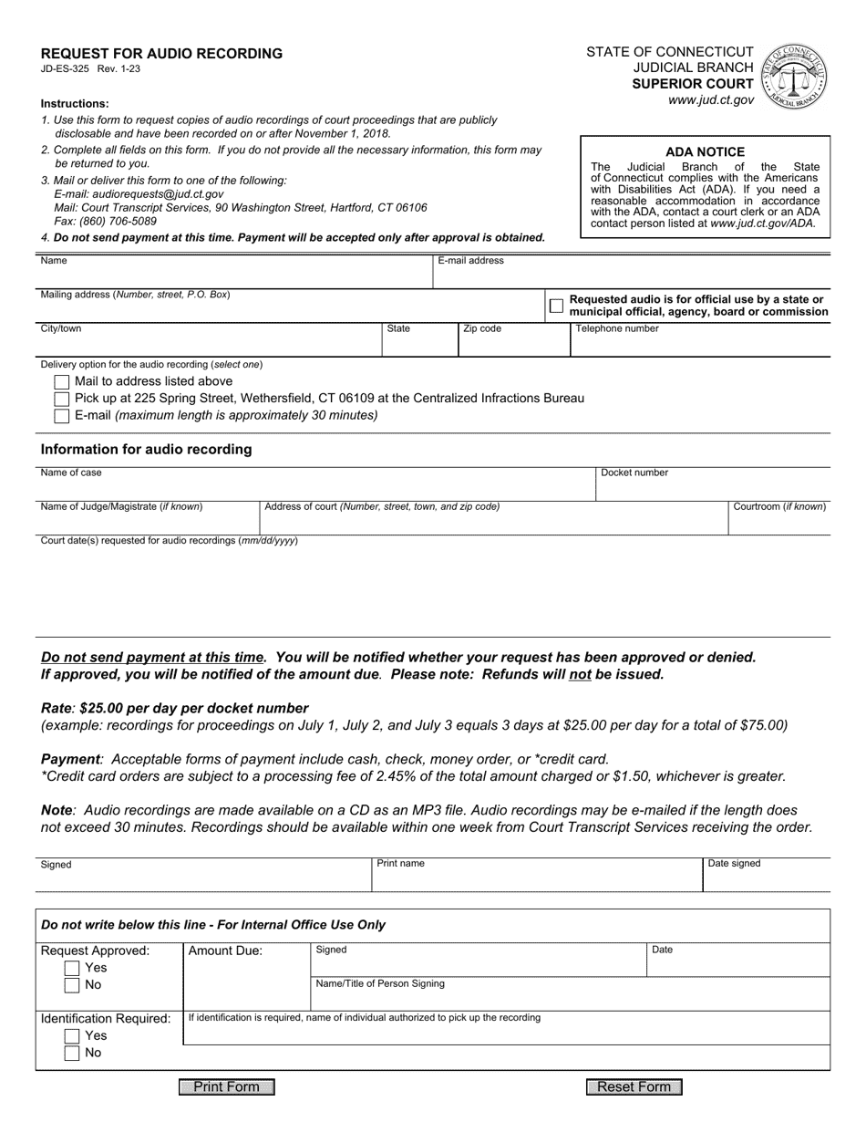 Form JD-ES-325 Request for Audio Recording - Connecticut, Page 1