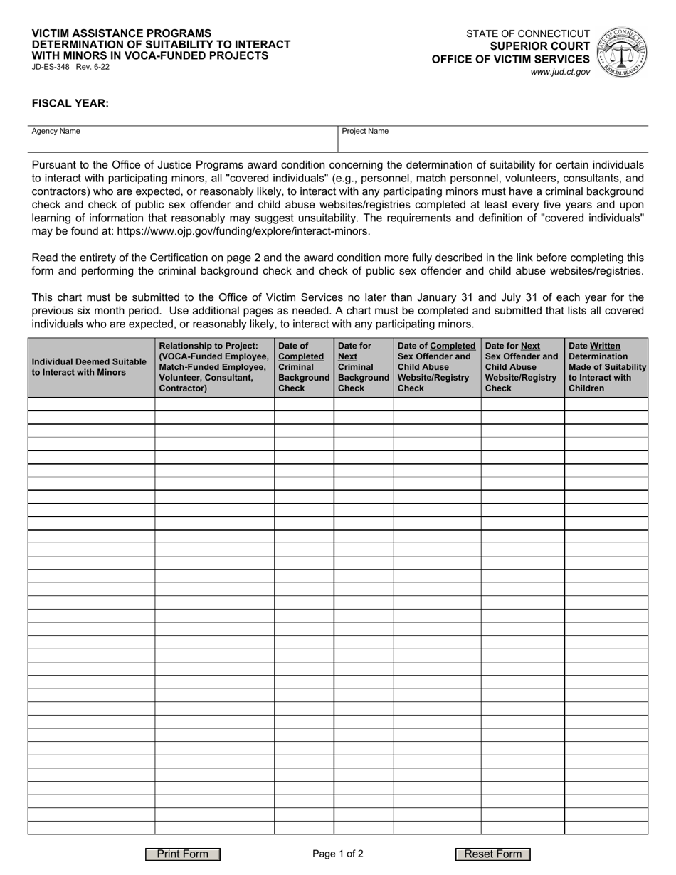 Form JD-ES-348 Victim Assistance Programs Determination of Suitability to Interact With Minors in Voca-Funded Projects - Connecticut, Page 1