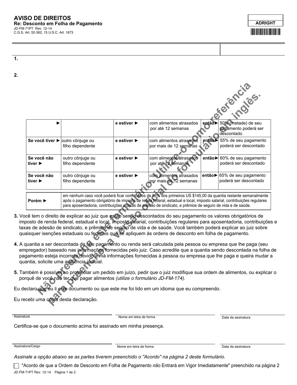 Form JD-FM-71PT Advisement of Rights Re: Income Withholding - Connecticut (Portuguese), Page 1