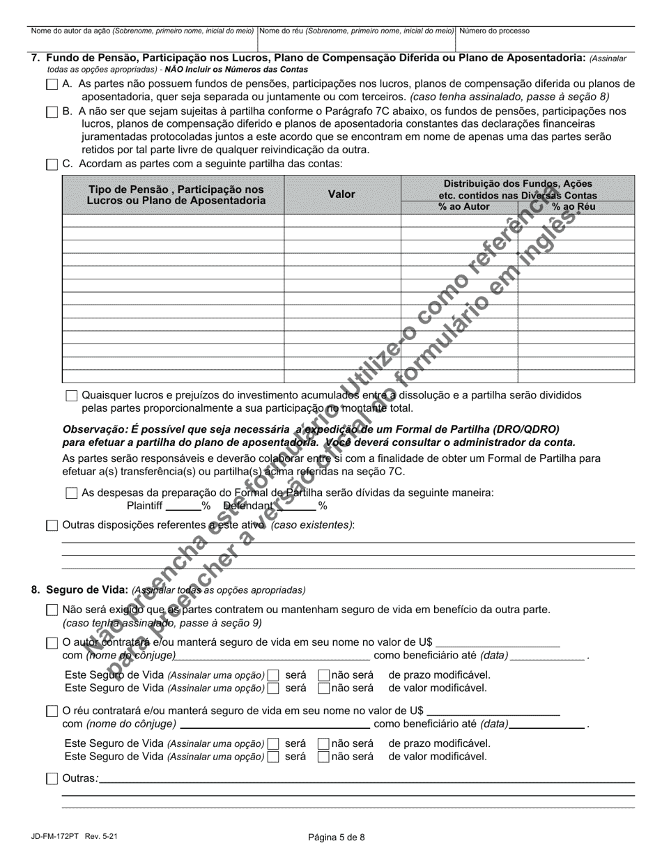Form JD-FM-172PT Dissolution / Legal Separation Agreement - Connecticut (Portuguese), Page 5