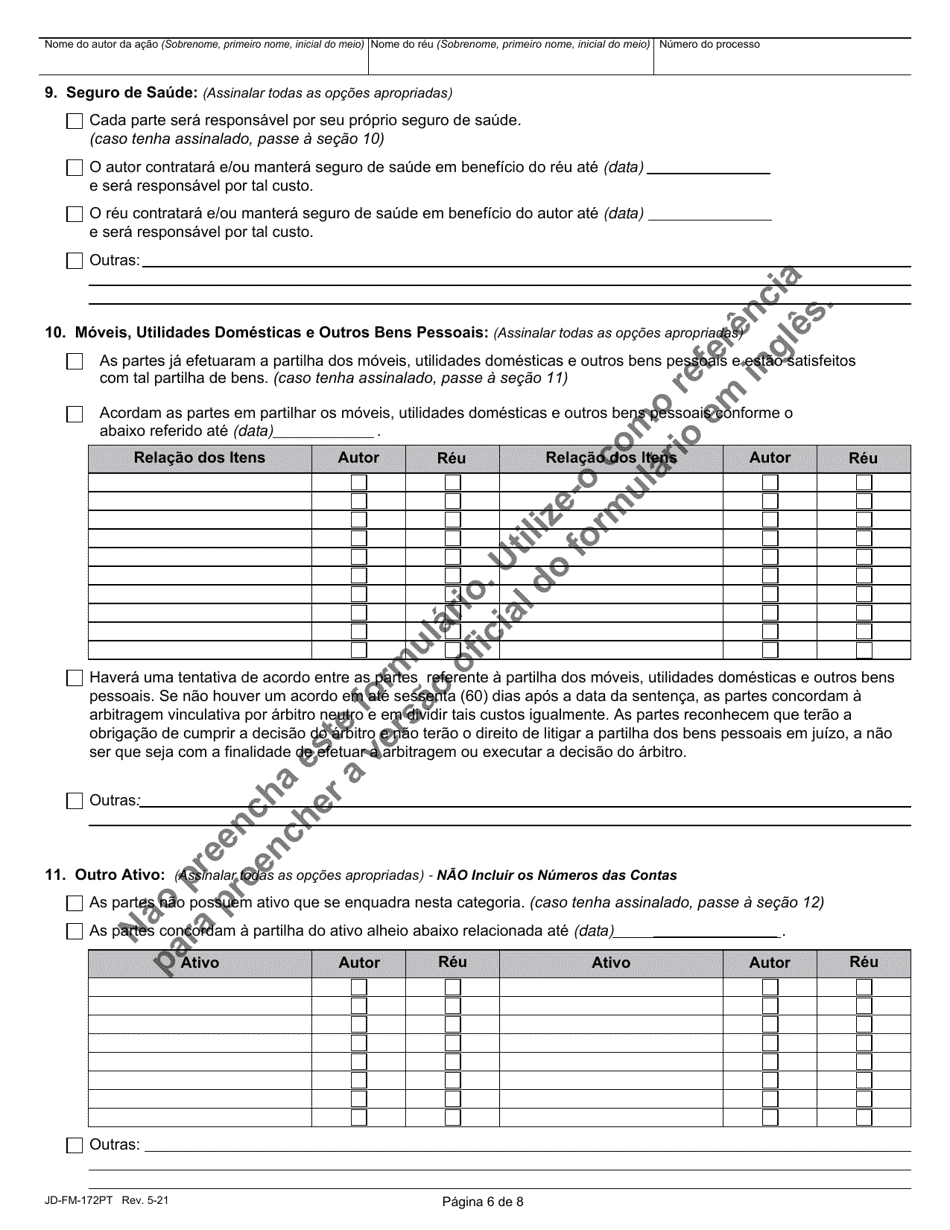 Form JD-FM-172PT Dissolution / Legal Separation Agreement - Connecticut (Portuguese), Page 6