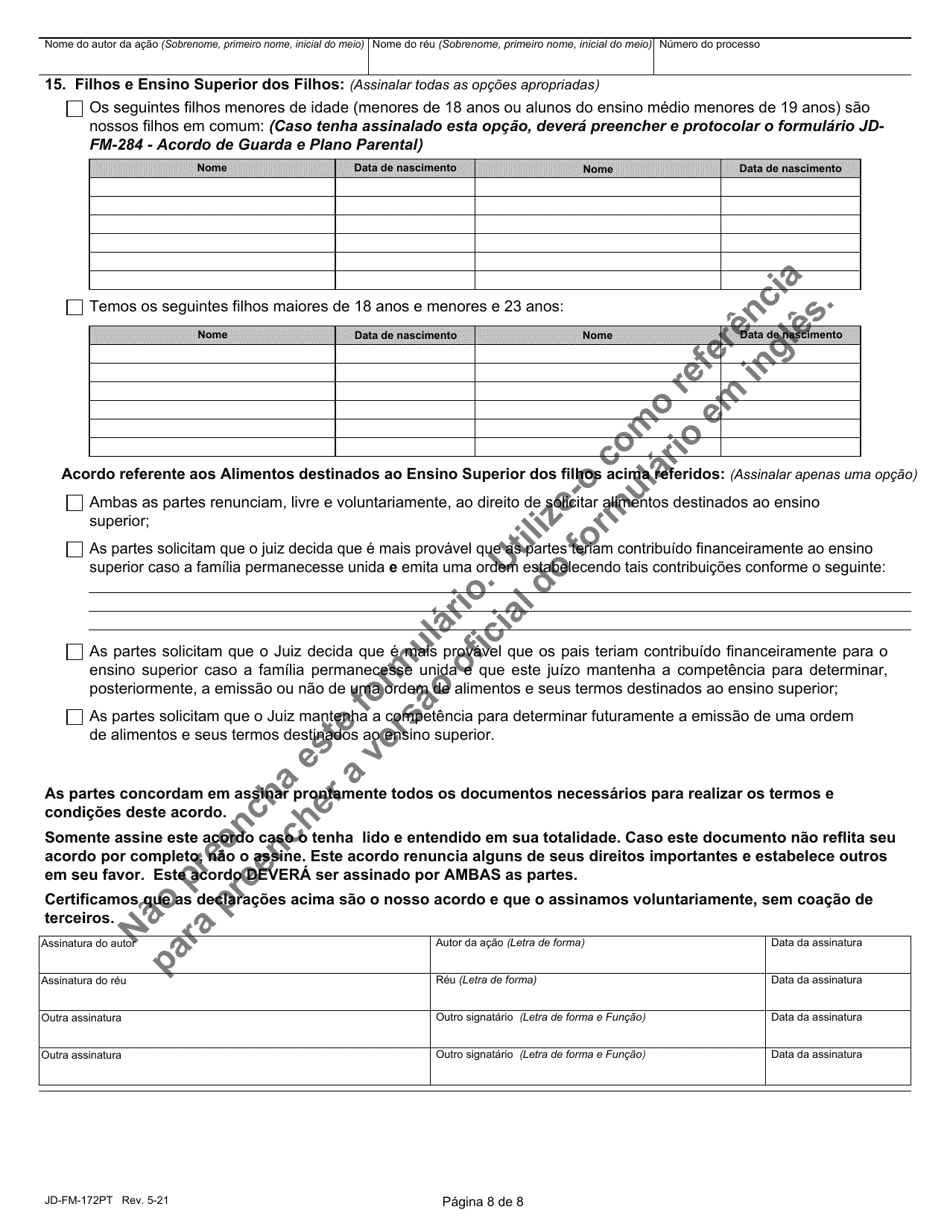 Form JD-FM-172PT Dissolution / Legal Separation Agreement - Connecticut (Portuguese), Page 8