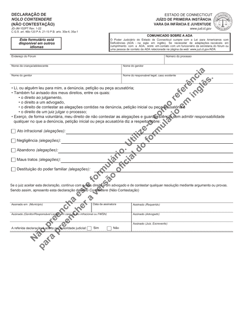 Form JD-JM-102PT Plea of Nolo Contendere (No Contest) - Connecticut (Portuguese)
