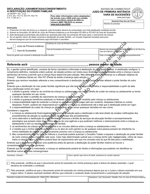 Formulario JD-JM-60PT Declaracao Juramentada/Consentimento a Destituicao Do Poder Familiar - Connecticut (Puerto Rican Spanish)